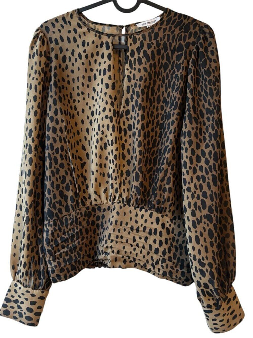 Medium Good American 2 Leopard Print Blouse Ruched Hem Long Sleeve Top